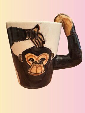 Vintage Monkey Mug Thailand Handcrafted Ceramic Novelty Cup Sculpted Arm Handle